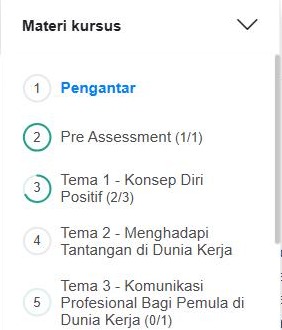 Panel “Materi kursus” terbuka, menampilkan daftar bagian kursus